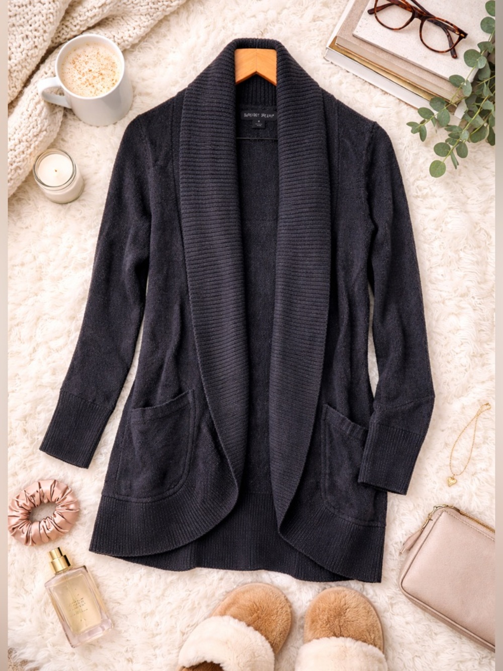Barefoot Dreams CozyChic Navy Open Front Shawl Collar Cardigan Size M